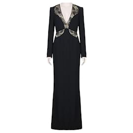 Alexander Mcqueen-Alexander McQueen Black Gold Lace Detailed Full-Length Gown Dress-Black,Golden