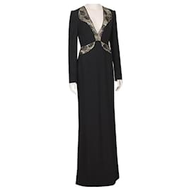 Alexander Mcqueen-Alexander McQueen Black Gold Lace Detailed Full-Length Gown Dress-Black,Golden