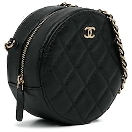 Chanel-Chanel Schwarze Umhängetasche mit runder CC-Kette und Kaviarmotiv-Schwarz