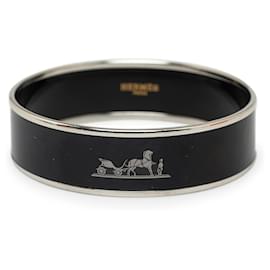 Hermès-Bracelet large en émail Hermès Calèche noire-Noir,Argenté