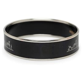 Hermès-Hermès Brazalete ancho esmaltado Caleche negro-Negro,Plata