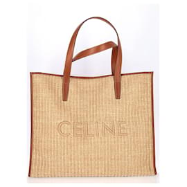 Céline-Celine Logo-Embroidered Large Cabas Tote in Beige Raffia-Brown,Beige