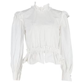 Ganni-Bluse mit gerüschtem Rollkragen aus weißer Baumwolle Weiß
