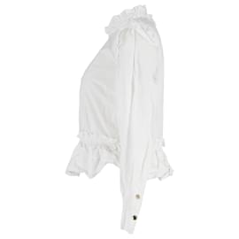 Ganni-Blusa Ganni con volant e collo alto in cotone bianco-Bianco