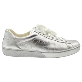 Gucci-Gucci Glitter Ace Sneakers in Silver Leather-Silvery,Metallic