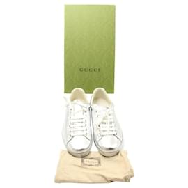 Gucci-Gucci Glitter Ace Sneakers in Silver Leather-Silvery,Metallic