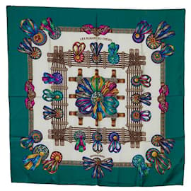 Hermès-Hermes Silk Scarf 90 LES RUBANS DU CHEVAL Horse Ribbon in Very Good Condition-Green