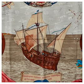 Hermès-Hermes Silk 89 Carre 90 Christophe Colomb Discover 1 America 12 October 1492 Scarf in Very Good Condition-White