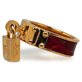 Hermès-Hermes Gold Red Leather Scarf Ring in Good Condition-Golden