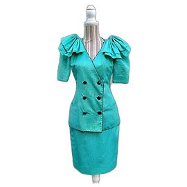 Jean Louis Scherrer Conjunto de saia e casaco vintage Scherrer com bolinhas. Turquesa