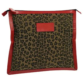 Fendi-FENDI Leopard Clutch Bag Nylon Leather Red Brown Auth bs13085-Brown,Red
