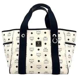 MCM-Borsa a tracolla MCM Shopper Bag, borsa, borsa a mano bianca, blu, nera con stampa del logo.-Bianco