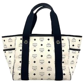 MCM-Sac à main MCM Shopper Bag, sac à main blanc, bleu, noir avec logo imprimé.-Blanc