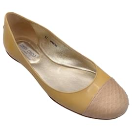 Autre Marque-Jimmy Choo Yellow / Beige Snakeskin Leather Cap Toe Patent Leather Flats-Yellow
