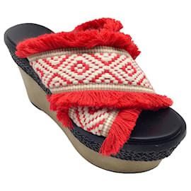 Autre Marque-Barbara Bui Red / White / Taupe Suede Platform Wedge Heel Fringed Embroidered Sandals-Red