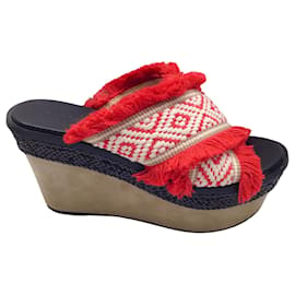 Autre Marque-Barbara Bui Red / White / Taupe Suede Platform Wedge Heel Fringed Embroidered Sandals-Red