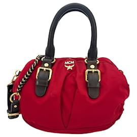 MCM-MCM shoulder bag handbag fabric & leather red dark brown bag small-Red