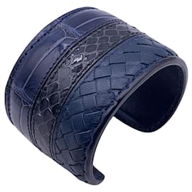 Bottega Veneta-Blue Leather Woven Wide Bracelet Cuff Size S-Blue