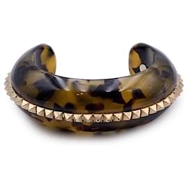 Valentino Garavani-Bracelet manchette en plastique Havana clous en métal doré-Marron