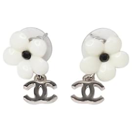 Chanel-White floral CC earrings-Silvery