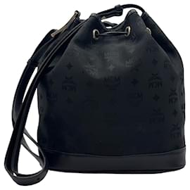 MCM-MCM Vintage Nylon Leather Bucket Drawstring Shoulder Bag Drawstring Bag Purse-Black