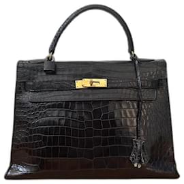 Hermès-Kelly 32cm couro de crocodilo preto vintage-Preto