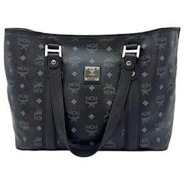 MCM-MCM Visetos Shopper Bag Shoulder Bag Black Silver Tote Bag Medium-Black