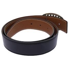 Hermès-HERMES Evelyn oval buckle reversible Belt Leather Black Brown Auth am5971-Brown,Black