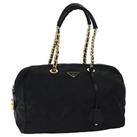 Prada-PRADA Quilted Chain Hand Bag Nylon Black Auth bs13293-Black