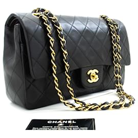 Chanel-Aba forrada Chanel Classic 10"Bolsa de Ombro em Corrente Pele de Cordeiro Preta-Preto