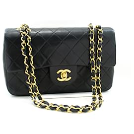 Chanel-Aba forrada Chanel Classic 9"Bolsa de Ombro em Corrente Pele de Cordeiro Preta-Preto