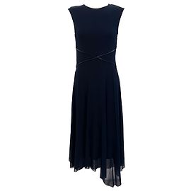 Fuzzi – Marineblaues ärmelloses Kleid mit schwarzem Lederbesatz Marineblau