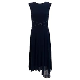 Autre Marque-Fuzzi Navy Blue Sleeveless Dress with Black Leather Trim-Navy blue
