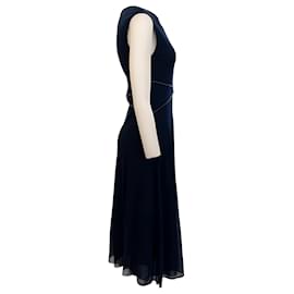 Autre Marque-Fuzzi Navy Blue Sleeveless Dress with Black Leather Trim-Navy blue