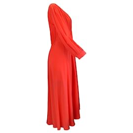 Autre Marque-Mantu Poppy Red Long Sleeved V-Neck Silk Midi Dress-Red