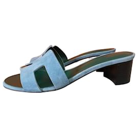 Hermès-Hermes Oasis sandals in raw-cut suede in Bleu Minéral color.-Blue,Green