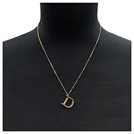 Christian Dior-Gold Metal D Crystal Logo Pendant Chain Necklace-Golden