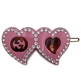 Gucci-Pink Resin lined Hearts Crystals Hair Clip Barrette-Pink