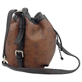 MCM-Bolso de hombro MCM Bucket Drawstring Bag en marrón con estampado del logo, tamaño mediano.-Castaño