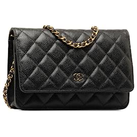 Chanel-Chanel Black CC Caviar Wallet en cadena-Negro