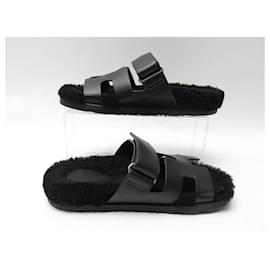 Hermès-NEW HERMES SHOES CYPRUS SANDALS H2121169Z IN WOOL SKIN LEATHER 36 Shearling-Black