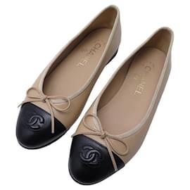 Chanel-NEW CHANEL BALLERINAS SHOES G02819 CC logo 36 BLACK & BEIGE FLAT SHOES-Other