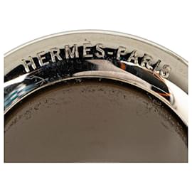 Hermès-Hermes Silver Black Metal Leather Scarf Ring in Great Condition-Black