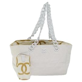 Chanel-CHANEL Tote Bag straw White CC Auth 69968-White