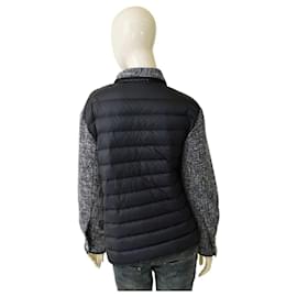 Moncler-MONCLER Camicia Giubbotto blaue & weiße Daunenjacke mit Pufferblazer in Größe 42 für Damen-Blau