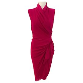 Autre Marque-Fuzzi Magenta Ruched V Neck Sleeveless Dress-Pink