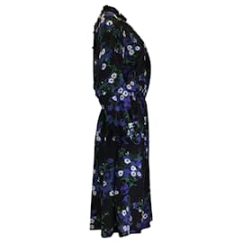 Autre Marque-Plan C Black / Blue / Green Multi Floral Printed Long Sleeved Silk Midi Dress-Black