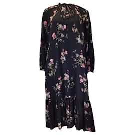 Autre Marque-Vestido midi de seda de manga larga con estampado floral multicolor de Celine en negro-Negro