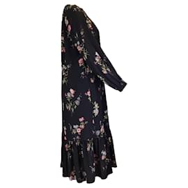 Autre Marque-Celine Black Multi Floral Printed Long Sleeved Silk Midi Dress-Black