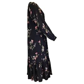 Autre Marque-Celine Vestido Midi de Seda com Mangas Compridas Multi Floral Preto Preto-Preto